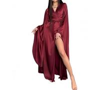 ThiCc Robe longue en satin pour femme - Kimono long en soie avec ceinture - Vêtement de nuit élégant et léger pour mariée, demoiselle d'honneur, mariage, salon, spa, hôtel, vacances, bordeaux, XL
