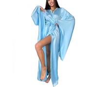 ThiCc Robe longue en satin pour femme - Kimono long en soie avec ceinture - Vêtement de nuit élégant et léger pour mariée, demoiselle d'honneur, mariage, salon, spa, hôtel, vacances, bleu ciel, M