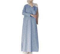 ThiCc Robe longue musulmane en coton et lin pour femme - Robe islamique décontractée à rayures avec poches à manches longues et col rond - Robe abaya conservatrice pour femme - Vêtements de prière