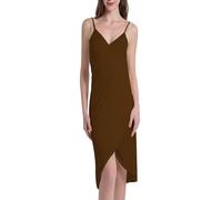 ThiCc Robe portefeuille en bambou, paréo de plage à bretelles spaghetti, dos nu, robe midi pour femme, marron, 3XL