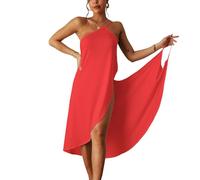 ThiCc Robe portefeuille en bambou, paréo de plage à bretelles spaghetti, dos nu, robe midi pour femme, Rouge, S