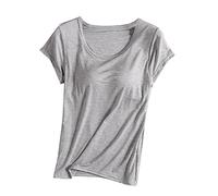 THICC T-shirt à manches courtes pour femme avec soutien-gorge intégré - Hauts rembourrés solides extensibles et confortables à coupe ample pour yoga, athlétisme, gym, sommeil, gris, S