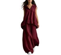 ThiCc Tenue 2 pièces en coton et lin pour femme - Coupe ample - Sans manches - Capuche - Col en V - Ourlet à volants - Pantalon large pour les vacances, les voyages, le quotidien, bordeaux, L