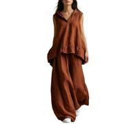 ThiCc Tenue 2 pièces en coton et lin pour femme - Coupe ample - Sans manches - Capuche - Col en V - Ourlet à volants - Pantalon large pour les vacances, les voyages, le quotidien, marron, S