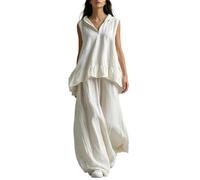 ThiCc Tenue 2 pièces en coton et lin pour femme - Coupe ample - Sans manches - Capuche - Col en V - Ourlet à volants - Pantalon large pour les vacances, les voyages, le quotidien, blanc, M