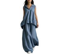 ThiCc Tenue 2 pièces en coton et lin pour femme - Coupe ample - Sans manches - Capuche - Col en V - Ourlet à volants - Pantalon large pour les vacances, les voyages, le quotidien, bleu, M