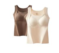 Thickened Warm Tank Top, Women's 2-in-1 Built-in Bra, High Stretch Sleeveless Cami Tank Top Camisoles Base Vest (Ivory+Coffee,M)