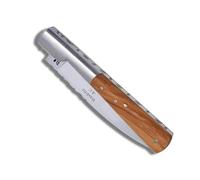 THIERS IFORGE Couteau Vendetta Corse - Manche en Bois d’Olivier Naturel - Lame Inox 12C27 Satinée - Ressort & Lame Guillochés - 12,5 cm Fermé - Fabrication Artisanale - Certificat & Garantie