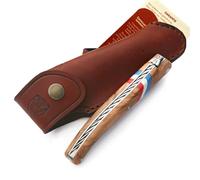 THIERS IFORGE - Laguiole manche en bois d'olivier avec drapeau français, 12 cm + étui cuir marron