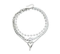THINCAN Collier Empilable Cœur Argent Strass Perles Styles Points Empilables Chaînes de Lame de Clé Bijoux pour Femmes Chaîne Cadeau pour Femme ou Maman