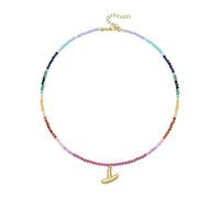 THINCAN Collier multicouche avec pierres précieuses arc-en-ciel et lettre - Plaqué or 14 carats - Chaîne réglable, taille unique, Comme décrit, Comme décrit