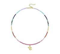 THINCAN Collier multicouche avec pierres précieuses arc-en-ciel et lettre - Plaqué or 14 carats - Chaîne réglable, taille unique, Comme décrit, Comme décrit