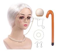 THINCAN Costume de vieille femme pour fille 100 jours - Costume d'école - Costume d'Halloween - Dress Up - Perruque à lunettes