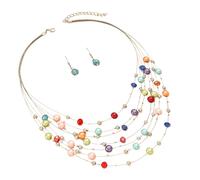 THINCAN Ensemble d'accessoires tendance pour femme - Collier et boucles d'oreilles multicouches avec perles et cristaux, taille unique, Comme décrit, Comme décrit