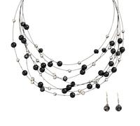 THINCAN Ensemble d'accessoires tendance pour femme - Collier et boucles d'oreilles multicouches avec perles et cristaux, taille unique, Comme décrit, Comme décrit