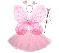 THINCAN Ensemble de costume de princesse fée comprenant un bandeau papillon, des ailes de fée, une jupe tutu, une baguette de papillon, pour filles de 2 à 12 ans