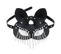 THINCAN Masque de chat en cuir synthétique avec pompons pour femmes et hommes Costume Cosplay Halloween Mystérieux Demi-visage Masque punk
