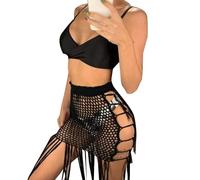 THINCAN Robe de plage pour femme - Jupe maxi taille haute sexy transparente - En tricot au crochet - Long pompon à franges - Bas de bikini transparent - Housse - Mode de plage d'été, Noir , S-L