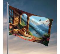 Things For Boys Room A Golden Retriever Lounges on a Colorful Rug By A Lakeside Cabin Flag Flag for Dorm Funny Outdoor Decorations for Patio (30 x 45 cm)