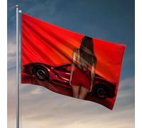 Things For Boys Room Drapeau pour chambre de garçon avec inscription « A Woman in Red Stands Beside A Sleek Sports Car » Drapeau pour dortoir Décorations extérieures amusantes pour terrasse (120 x 180