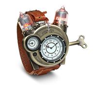 ThinkGeek Tesla Montre analogique Style Steampunk, Aspect Laiton Vieilli sur des apprêts métalliques et Bracelet en Cuir, rétro, Marron, Taille Unique, Rétro