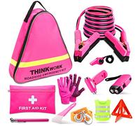 THINKWORK Kit d'urgence de voiture pour adolescente et femme, trousse d'assistance routière d'urgence rose avec pull de 3 m, trousse de premiers secours, marteau de sécurité, corde de remorquage et