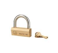 THIRARD - Cadenas à Clé Nautic 80 mm - Laiton Monobloc - Anse Acier Cémenté Nickelé - Pour Extérieur et Milieu Humide - 3 Clés Incluses - Mécanisme à Goupilles - Jaune/Doré