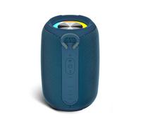 This blue portable Bluetooth speaker is waterproof, has a light-up function, a card slot, a subwoofer, loud volume, a co