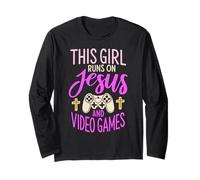 This Girl Runs on Jesus & Video Games Bible Religiious Gamer Manche Longue