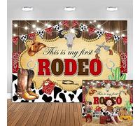 This is My First Rodeo Backdrop Western Cowboy Wood Boot Hat Vache Print Birthday Background My Wild West Boys 1er Birthday Party Accessories Photo Booth Accessories 2,4 x 1,8 m