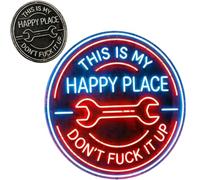This Is My Happy Place Neon Garage Sign, Wrench Design Wall Art for Man Cave, Funny Workshop Quote Sign For Auto Shop,Bar,Game Room Decor Gifts