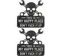 This Is My Happy Place Plaque Murale En Métal Humoristique « This Is My Happy Place Don't F*ck It Up » Plaque En Métal Noir for Garage, Atelier, Zone D'outils Man Cave(2pcs,7.87in)