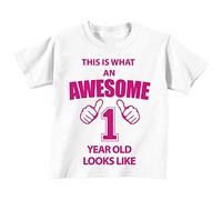 This is what AN Awesome 1 an Old Looks Like Blanc T-shirt Rose Texte 1er anniversaire pour bébé enfants Disponible en tailles 0-6 mois pour 14-15 ans Nouveau bébé sœur Cadeau blanc blanc 7-8 Years