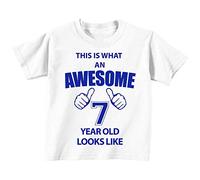 This is what AN Awesome 7 ans Looks Like Blanc T-shirt Bleu Text bébé tout-petit enfants Disponible en tailles 0-6 mois à 14-15 ans 7e anniversaire T-shirt blanc blanc 18-24 mois