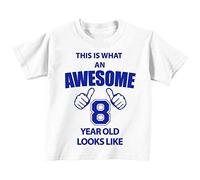 This is what AN Awesome 8 ans Looks Like Blanc T-shirt Bleu Text bébé tout-petit enfants Disponible en tailles 0-6 mois à 14-15 ans 8e anniversaire T-shirt blanc blanc 3-4 ans
