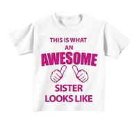This is what AN Awesome Sister Looks Like Blanc T-shirt Rose Texte Sisters NEUF pour bébé enfants Disponible en tailles 0-6 mois pour 14-15 ans Nouveau bébé sœur Cadeau blanc blanc 3-4 ans