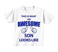 This is what AN Awesome son fils Looks Like Blanc T-shirt Bleu Text bébé tout-petit enfants Disponible en tailles 0-6 mois à 14-15 ans blanc blanc 3-4 ans