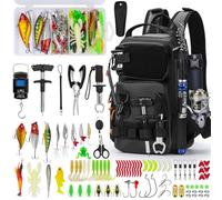 THKFISH Sac à dos de pêche avec support de canne, kit d'outils de pêche, sac résistant à l'eau avec kit de leurres de pêche, boîte de matériel de pêche et ensemble de pinces pour homme et femme (noir