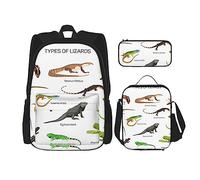 THKVSV Différents types de sac à dos lézard 3 pièces avec boîte à déjeuner et trousse à crayons - Convient pour garçons et filles