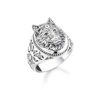 THOMAS SABO Chevalière loup avec pierres en argent 925 noirci, Argent sterling 925 noirci, Zircone cubique