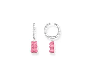 THOMAS SABO Haribo Boucles d'oreilles créoles uniques en or rose avec pendentif en forme d'ours en argent avec oxyde de zirconium et verre de cristal - Bijoux Y2K pour femme