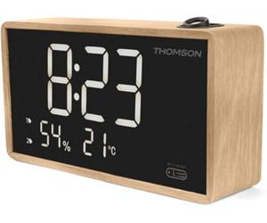 THOMSON Radio-Réveil Projecteur CP252T | Température & Humidité | Radio FM | Double Alarme & Snooze | Écran 8 Niveaux | Projection 3 Intensités | USB-C 5 V 1 A | Minuterie Sommeil | Pile Secours | Bois