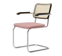 THONET chaise luge S 64 SPV avec accoudoirs, assise et dossier rembourrés en rotin indien tressé (Tissu IV et hêtre I - Tube en acier)