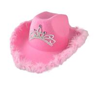 Thonlai Chapeau de Cowboy Rose, Chapeau de Cowboy en Feutre avec une Corde de Tirage au Cou, Garniture en Plumes, Paillettes Tiara Crow (Couronne rose)