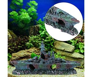 Thonlai Décor D'aquarium en Résine, Ornement D'aquarium, Cache Bateau avec Plusieurs Trous pour Aquariums d'eau Salée Douce 23x11x5cm