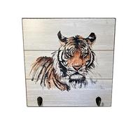 Thorness Crochets muraux en bois rustique en forme de tigre | Plaque en bois de 30 cm x 30 cm | Fourni avec deux crochets attachés | Fixations murales attachées | Art de la faune sauvage