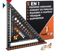 THORVALD 5 en 1 Equerre Menuisier 180 mm - Multifonction : Trusquin/Raporteur/Gabarit de percage/Equerre a chapeau - Aluminium - Outil pour gagner du temps