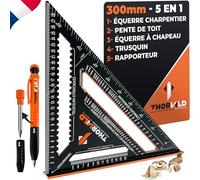 THORVALD 5 en 1 Equerre Menuisier Charpentier 300 mm + Crayon Chantier - Multifonction : Trusquin/Raporteur/Coupe de Chevron/Equerre a chapeau - Aluminium - Outil pour gagner du temps