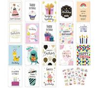 THQAE Lot de 18 Cartes d’Anniversaire avec Enveloppes, Cartes de Voeux Joyeux Anniversaire de Qualité Supérieure avec 2 Feuilles d’Autocollants, Adaptées à Tous les Sexes et à Tous les Âges