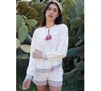 Threadbare Threadbare Cream Tie Neck Embroidered Long Sleeve 100% Cotton Blouse